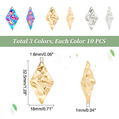 30Pcs 3 Colors 304 Stainless Steel Pendant STAS-DC0012-44-1