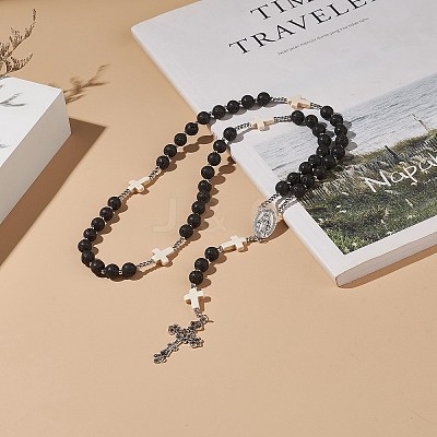 Natural Lava Rock & Synthetic Turquoise Cross Rosary Bead Necklace NJEW-JN04202-1