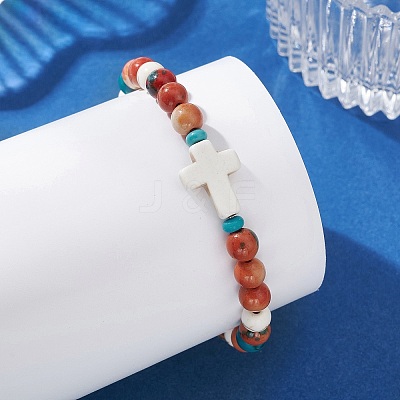 Dyed Synthetic Turquoise Beads & Synthetic Ocean White Jade Beads Stretch Bracelets for Women Men BJEW-JB13667-1