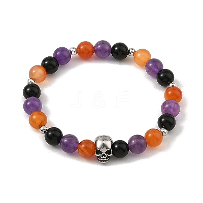 Halloween Natural Black Onyx(Dyed & Heated) & Amethyst & Carnelian Round Beaded Stretch Bracelets for Women BJEW-TA00767-1