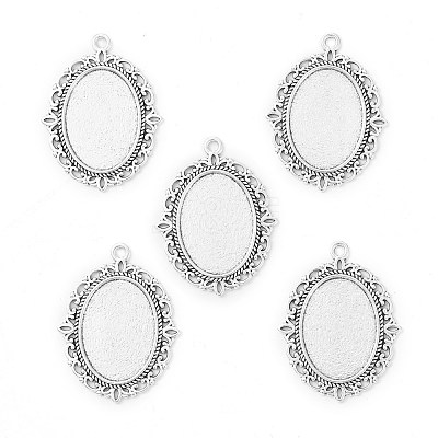 Tibetan Style Antique Silver Alloy Flat Oval Pendant Cabochon Settings TIBEP-M022-20AS-1