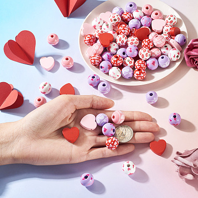 80Pcs 8 Styles Valentine's Day Printed Wood Beads WOOD-TA0003-01-1