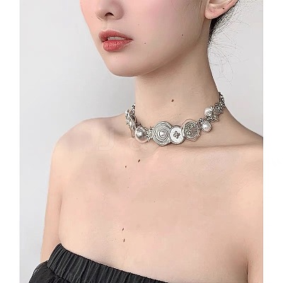 Sun Heat Button Stainless Steel & Acrylic & Plastic Imitation Pearl Choker Necklaces FS-WG98DB1-01-1