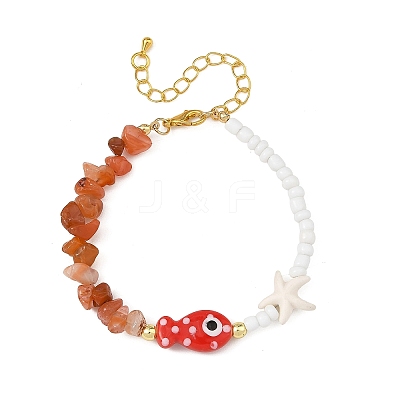 Summer Beach Handmade Porcelain Fish & Gemstone Chip Seed Beads Beaded Bracelets for Women BJEW-JB14440-1