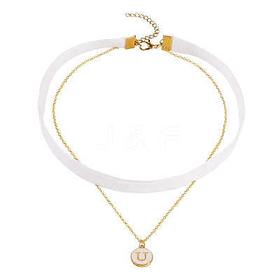 Alloy Enamel Letter Pendant Single Face White Velvet Ribbon & Brass Chain Double Layered Choker Necklaces NJEW-TAC0036-1