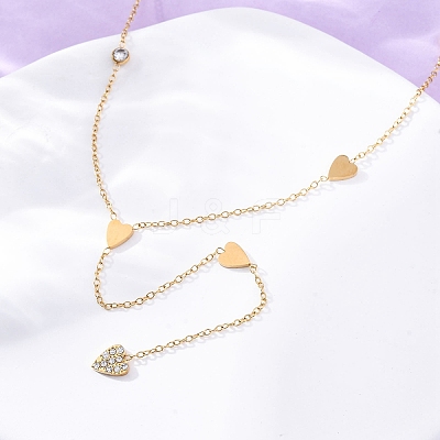 304 Stainless Steel Crystal Rhinestone Heart Lariat Necklaces NJEW-R026-10G-1