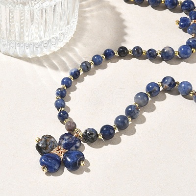 Saint Patrick's Day Natural Sodalite Clover Pendant Round Beaded Necklaces with Brall Heart OT Clasps NJEW-G202-02G-05-1