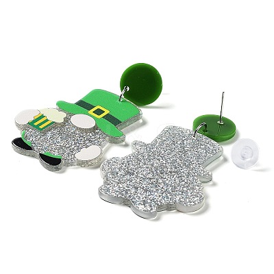 Saint Patrick's Day Sparkling Acrylic Dangle Stud Earrings EJEW-P243-A07-1