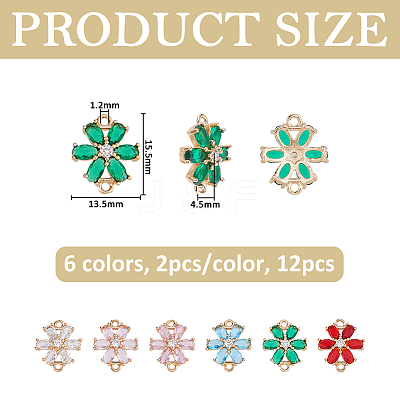 12Pcs 6 Colors Brass Pave Cubic Zirconia and Glass Flower Links Connector Charms KK-FH0008-41-1