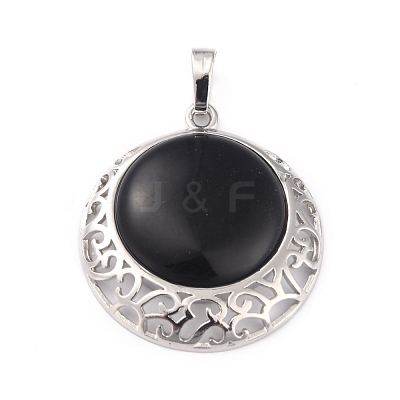Natural Obsidian Pendants with Hollow Platinum Brass Findings G-P448-A12-P-1