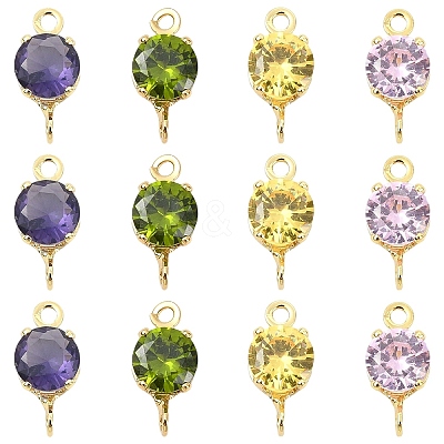 20Pcs 4 Colors Brass Pave Cubic Zirconia Flat Round Connector Charms KK-YW0004-68-1