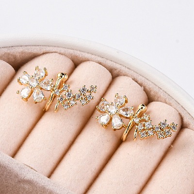 Rack Plating Flower Brass Micro Pave Clear Cubic Zirconia Cuff Earrings EJEW-H147-15G-1