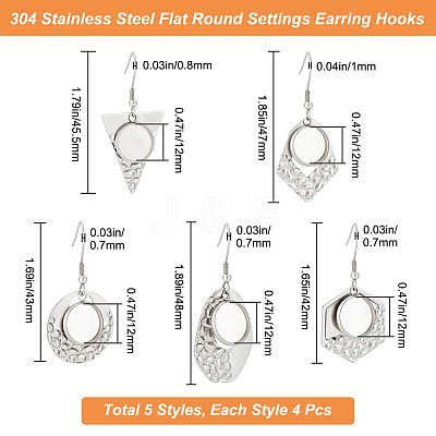 20Pcs 5 Style Hexagon & Teardrop & Flat Round & Polygon 304 Stainless Steel Dangle Earring Settings FIND-BBC0002-50-1