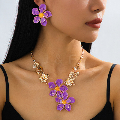 Flower Iron Enamel Stud Earring & Pendant Necklaces for Women WGE42BA-01-1
