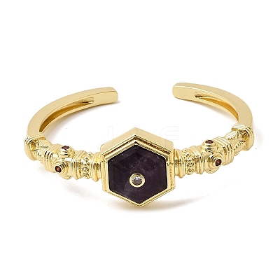 Hexagon Brass Pave Natural Amethyst & Cubic Zirconia Cuff Bangles for Women BJEW-Z172-01G-09-1