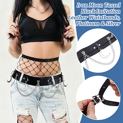 1Pc Iron Moon Tassel Black Imitation Leather Waistbands AJEW-UN0002-95-1