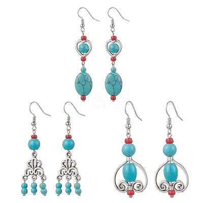 3 Pairs Tibetan Style Alloy Synthetic Turquoise Dangle Earrings EJEW-JE06575-1