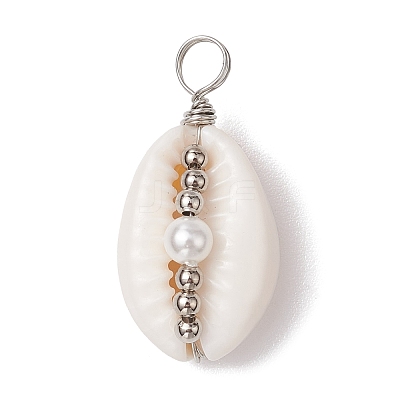 Natural Cowrie Shell Copper Wire Wrapped Round Brass Beads Pendants PALLOY-JF02938-06-1