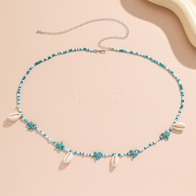 Natural Cowrie Shell & Synthetic Turquoise and Glass Seed Beaded Bohemian Waist Chains for Women AJEW-CP0011-34-1