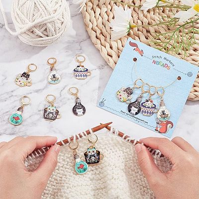 12Pcs 6 Colors Alloy Enamel Cat Charm Locking Stitch Markers HJEW-PH01531-1
