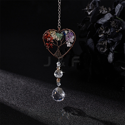 1Pc Natural Gemstone Chips Heart with Tree of Life Hanging Ornaments HJEW-BBC0001-16-1