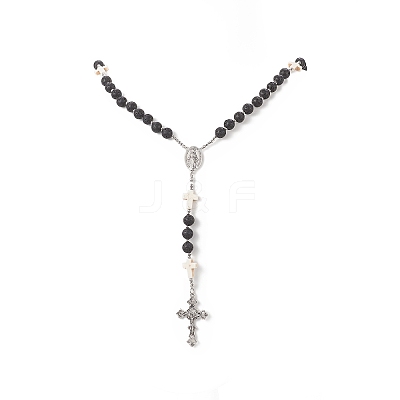 Natural Lava Rock & Synthetic Turquoise Cross Rosary Bead Necklace NJEW-JN04202-1