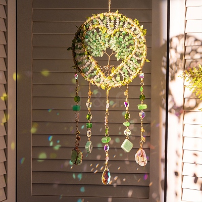 Heart Natural Gemstone Chips Hanging Suncatchers RN-CBA387D-04G-02-1