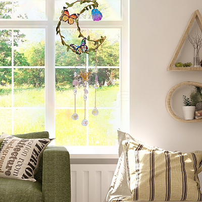 2Pcs 2 Styles Iron & Acrylic & Imitation Leather Suncatchers HJEW-OC00260-1