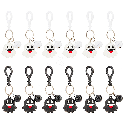 12Pcs 2 Colors Halloween Theme Cute Cartoon PVC Ghost Pendant Keychain with Bell Charm KEYC-CP0001-15-1