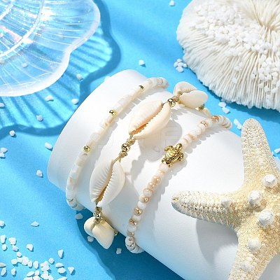 3Pcs 3 Styles Natural Mixed Cowrie Shell Beads Adjustable Bracelets BJEW-JB13915-1
