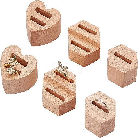 Olycraft 6Ppcs 3 Styles Wood Finger Ring Display Stands RDIS-OC0001-04-1