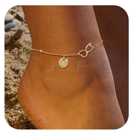 Brass Double Heart Link Flat Round Initial Charm Anklets for Women FS-WGA84B7-09-1