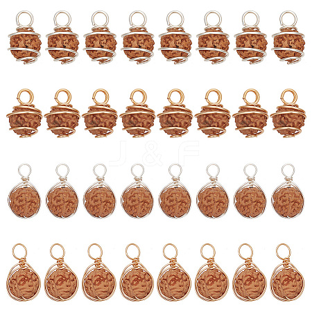 HOBBIESAY 40Pcs 4 Styles Natural Rudraksha Copper Wire Wrapped Pendants FIND-HY0003-33-1