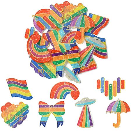 14Pcs 7 Shapes Rainbow Style Printed Acrylic Glitter Powder Pendants OACR-CJ0001-93-1