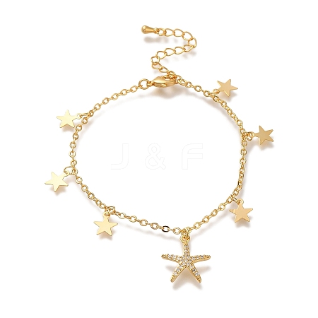 Star & Starfish Brass Micro Pave Clear Cubic Zirconia Charm Bracelets For Women BJEW-L696-027G-1