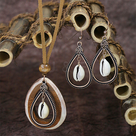 Alloy & Wood & Natural Shell Pendant Necklace & Dangle Earring FS-WGEEC72-01-1