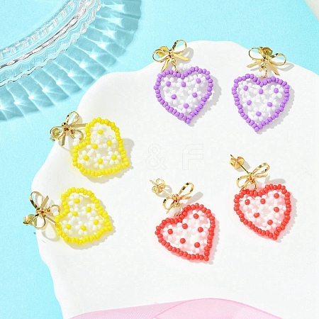 Heart Handmade Glass Seed Beads Dangle Stud Earrings EJEW-MZ00369-1