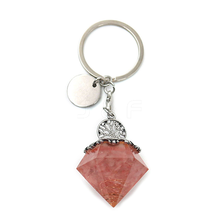 Reiki Energy Natural Rose Quartz Chips in Resin Diamond Shape Pendant Keychain FIND-PW0017-11A-1