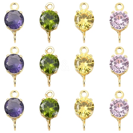 20Pcs 4 Colors Brass Pave Cubic Zirconia Flat Round Connector Charms KK-YW0004-68-1