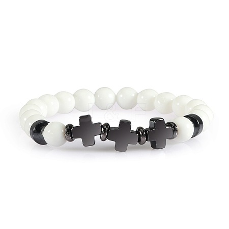 Round Natural White Jade Beaded Stretch Bracelets ED3000-4-1