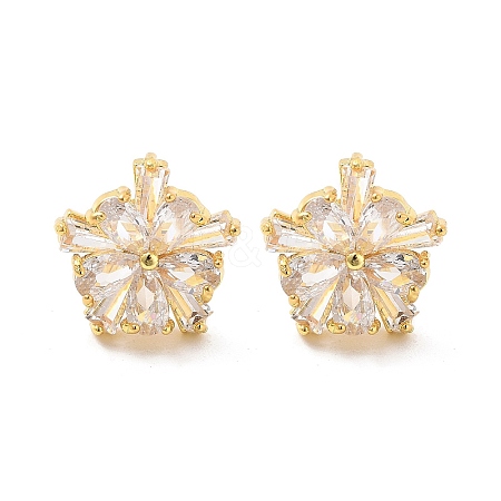 Rack Plating Flower Brass Micro Pave Clear Cubic Zirconia Stud Earrings EJEW-M029-01A-G-1