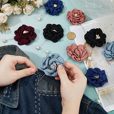10Pcs 5 Colors Flower Polyester Brooches JEWB-FH0002-46-1