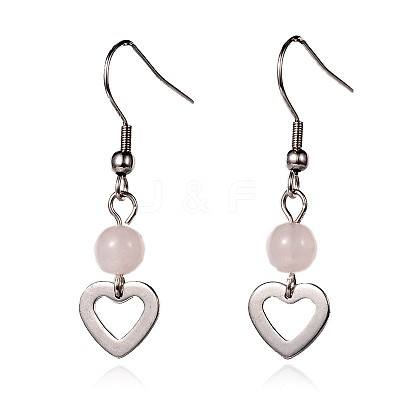 Heart Natural Rose Quartz Dangle Earrings EJEW-JE01884-01-1