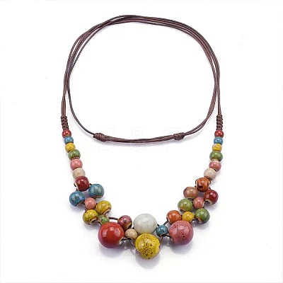 Bohemian Porcelain Round Beaded Imitation Leather Cord Bib Necklaces for Women FS-WG95F0C-01-1