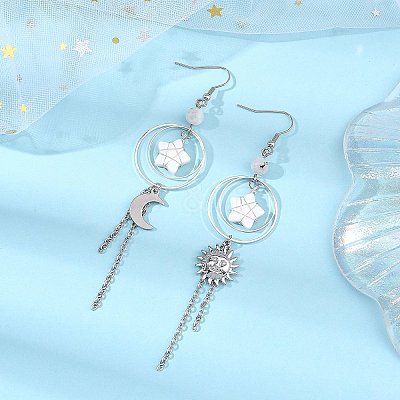 Natural Rainbow Moonstone Beads Moon Star Dangle Earrings EJEW-TA00830-1