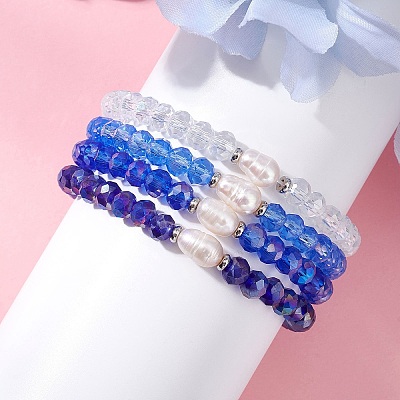 4Pcs Glass & Natural Cultured Freshwater Pearl Beads Stretch Bracelets for Women BJEW-JB13520-1