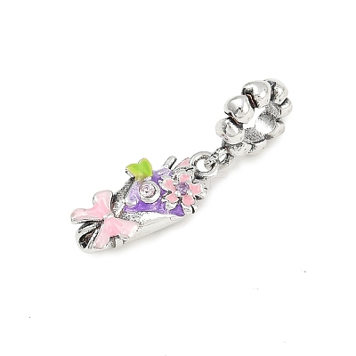 Brass Rhinestone Pink Enamel Bouquet European Dangle Charms LS-KK-P324-06P-1