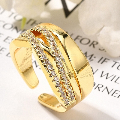 Rack Plating Brass Micro Pave Clear Cubic Zirconia Cuff Finger Rings for Women RJEW-M028-29G-1