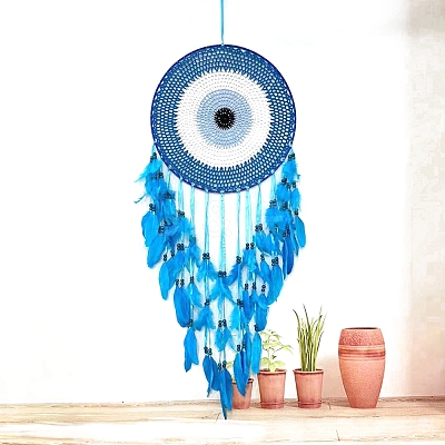 Iron & Cotton Evil Eye Woven Net/Web with Feather Hanging Decorations PW-WGADB0C-01-1