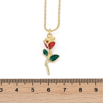 Brass FireBrick Enamel Rose Pendant Necklaces for Women NJEW-U042-01A-G-1